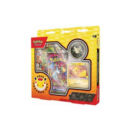 Celebrate Pokémon Day with the Pokémon TCG: Pokémon Day 2026 Collection! Includes a foil card featuring Pikachu, a special coin, and three booster packs from various expansions. Perfect for collectors and fans alike—get yours today!